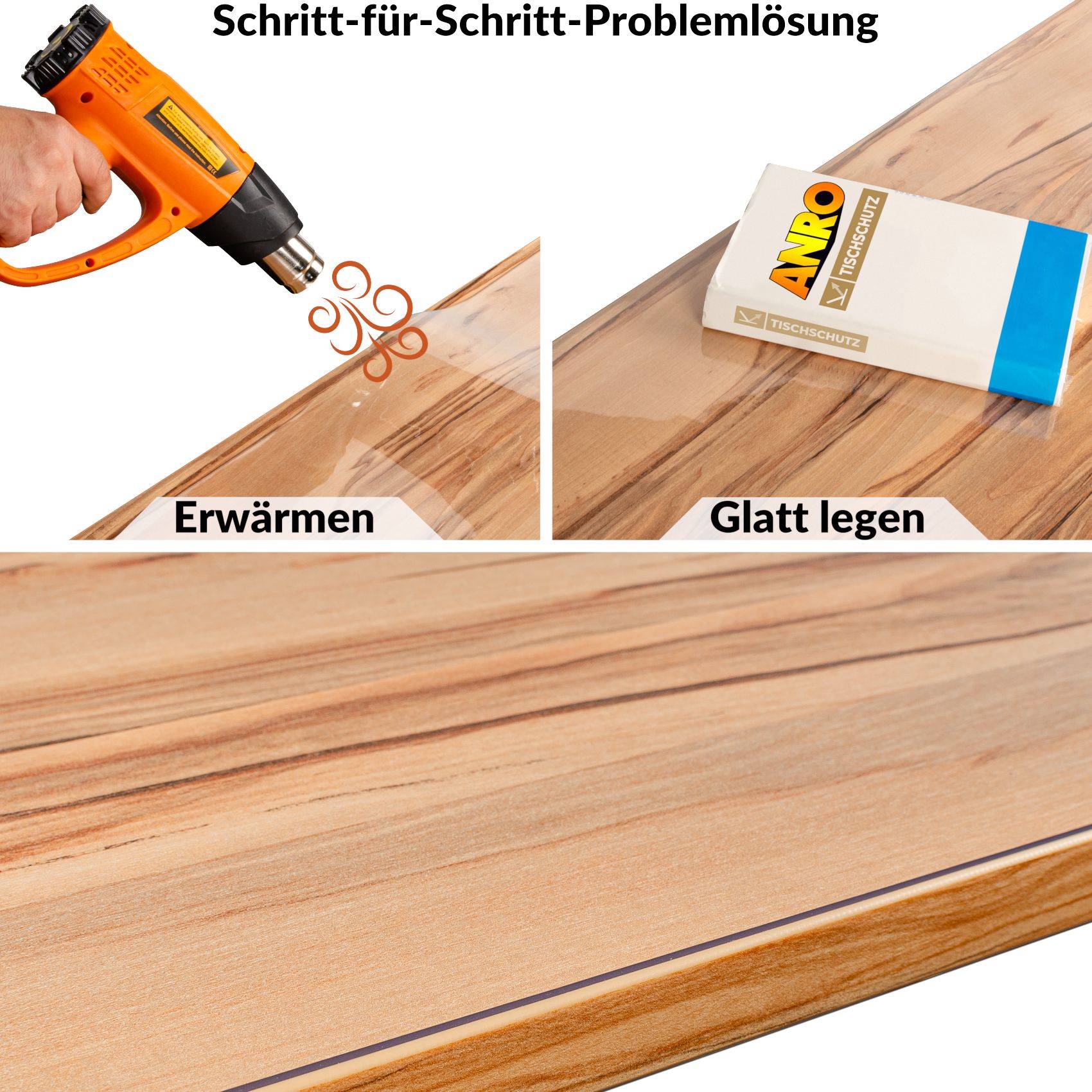 Schritt-für-Schritt-Reparaturanleitung für eine zerkratzte Holzoberfläche: Beheizen Sie den Bereich mit einer Heißluftpistole, glätten Sie ihn dann mit einem „Anpro"-Block.