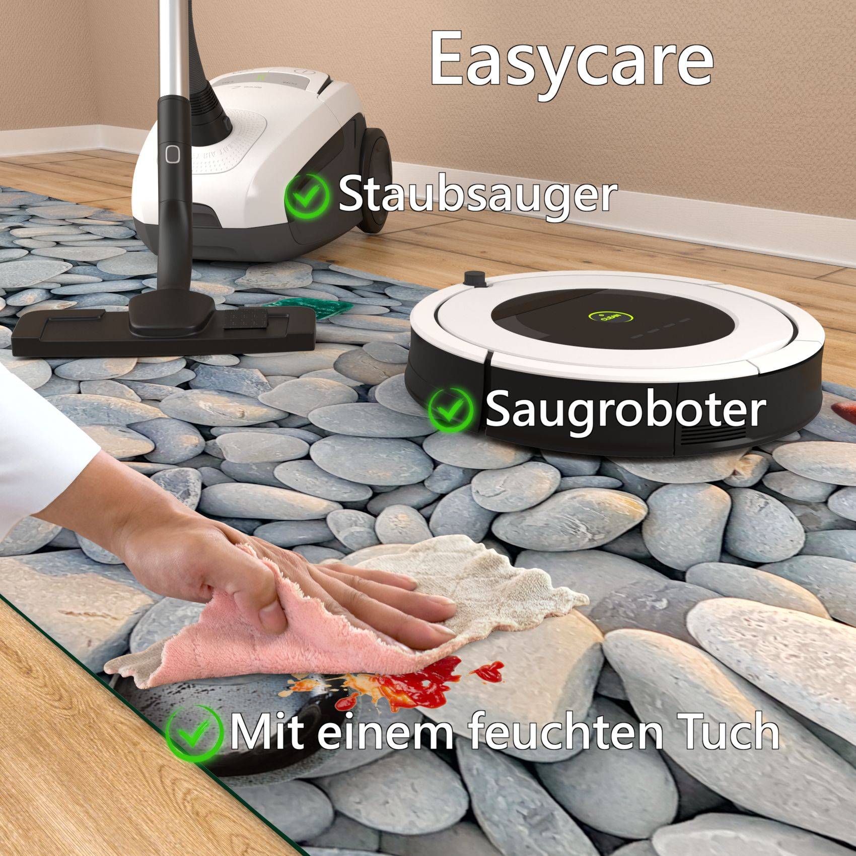 Werbebild für Eascyare mit einem Staubsauger, einem Saugroboter und einer Hand, die einen Boden mit einem feuchten Tuch abwischt, mit den Beschriftungen „Staubsauger", „Saugroboter"" und „Mit einem feuchten Tuch"".