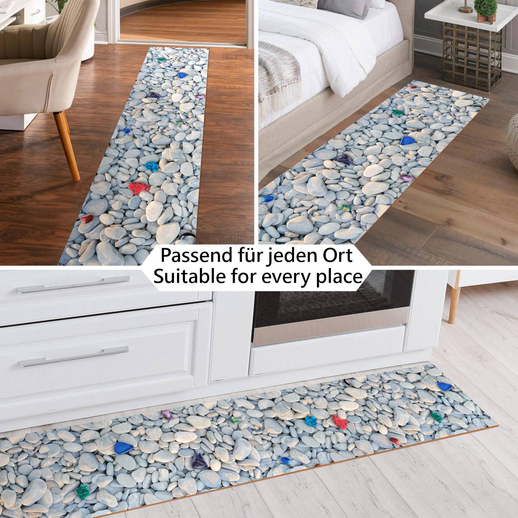 Teppichläufer mit Kieselmuster-Muster in Wohnzimmer, Schlafzimmer und Küche gezeigt, mit Text „Für jeden Ort geeignet".