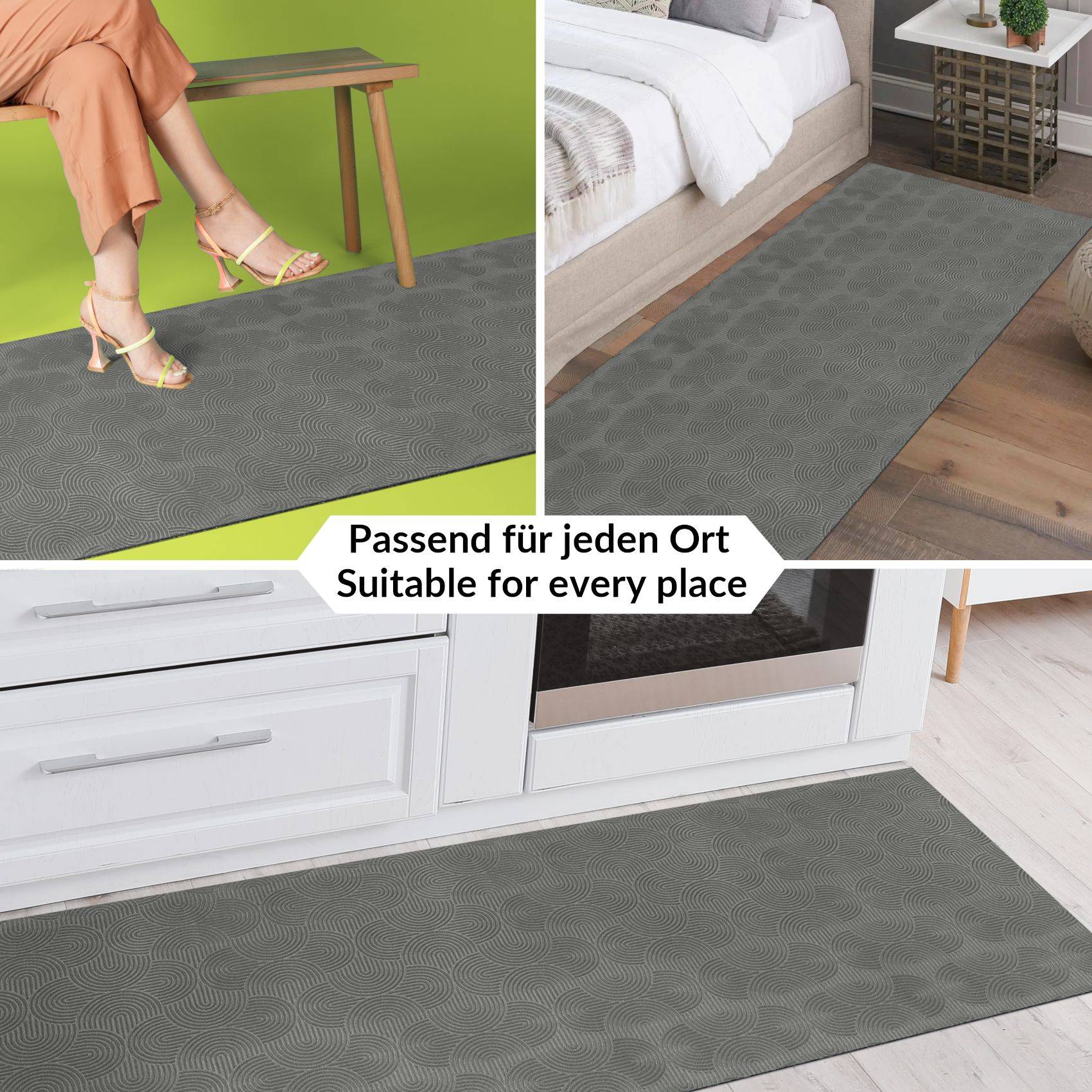 Grauer gemusterter Läufer in einem Schlafzimmer, Wohnzimmer und einer Küche dargestellt, mit dem Text „Passend für jeden Ort" und „Suitable for every place"".
