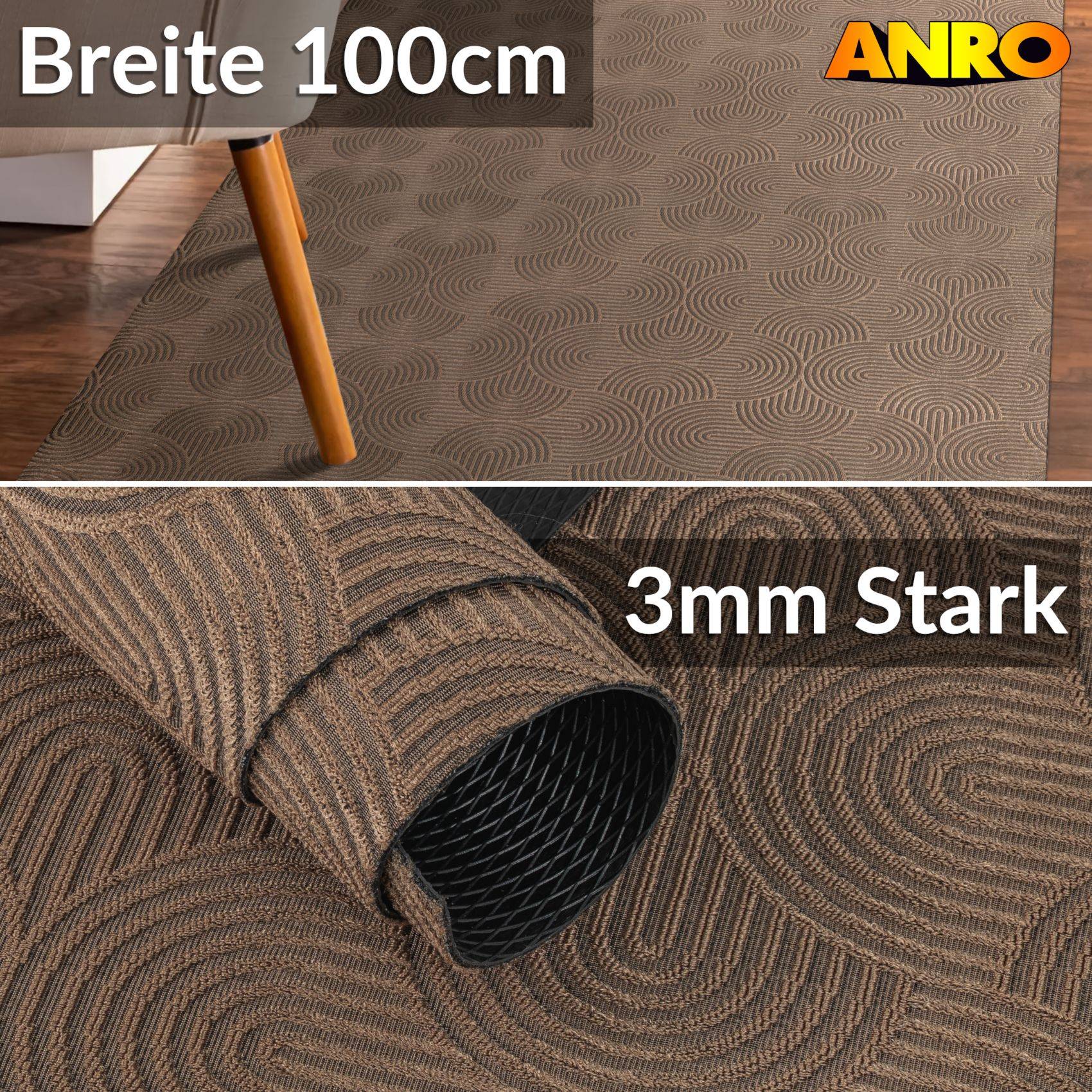 Braune strukturierte Bodenmatte in Gebrauch unter Möbeln dargestellt, gekennzeichnet mit "Breite 100cm"" und ""3mm Stark"" mit ANRO-Branding.