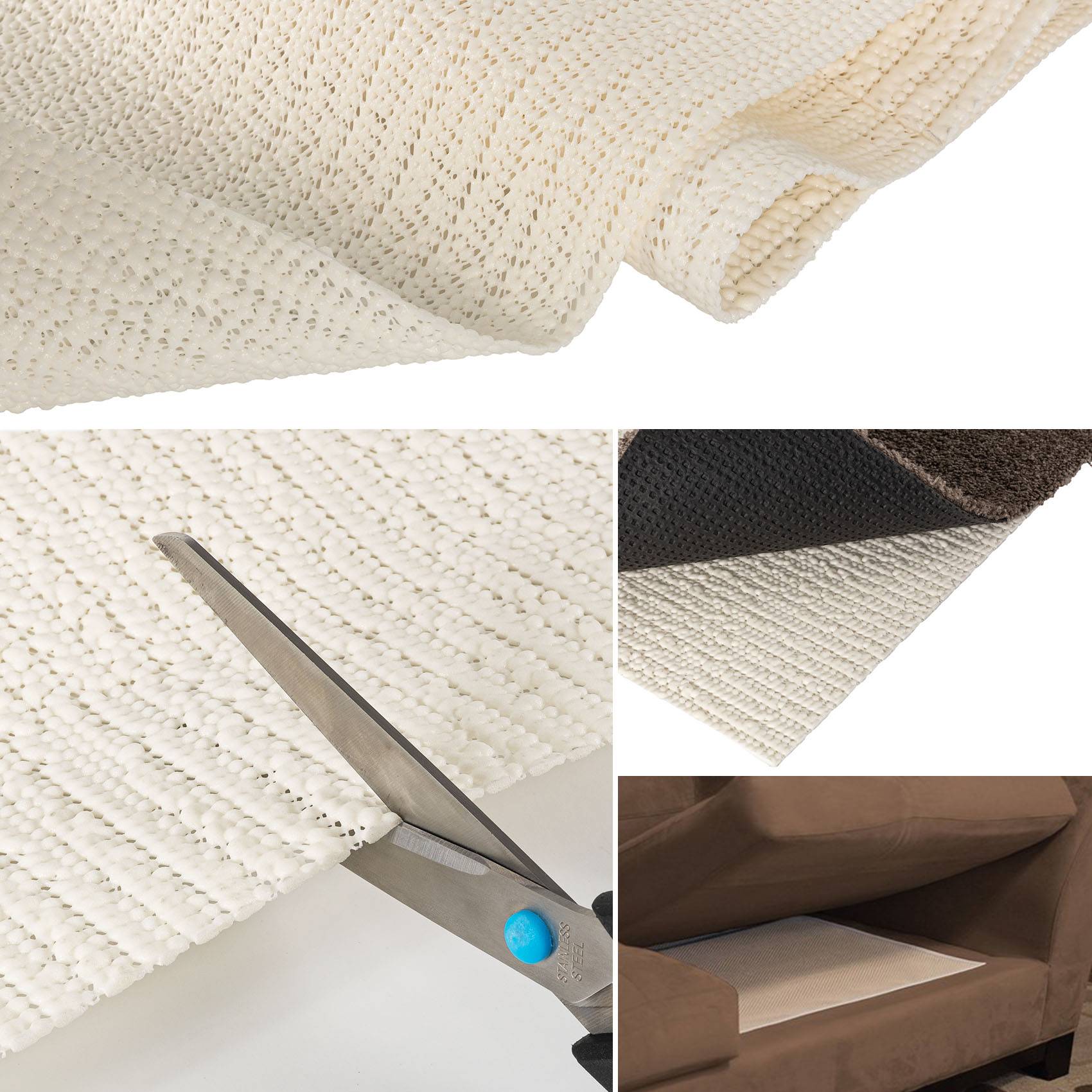 Nahaufnahme-Collage zeigt ein Webebilder, das mit einer Schere geschnitten wird, wobei cremefarbene, schwarze und braune strukturierte Polstermaterialien hervorgehoben werden.