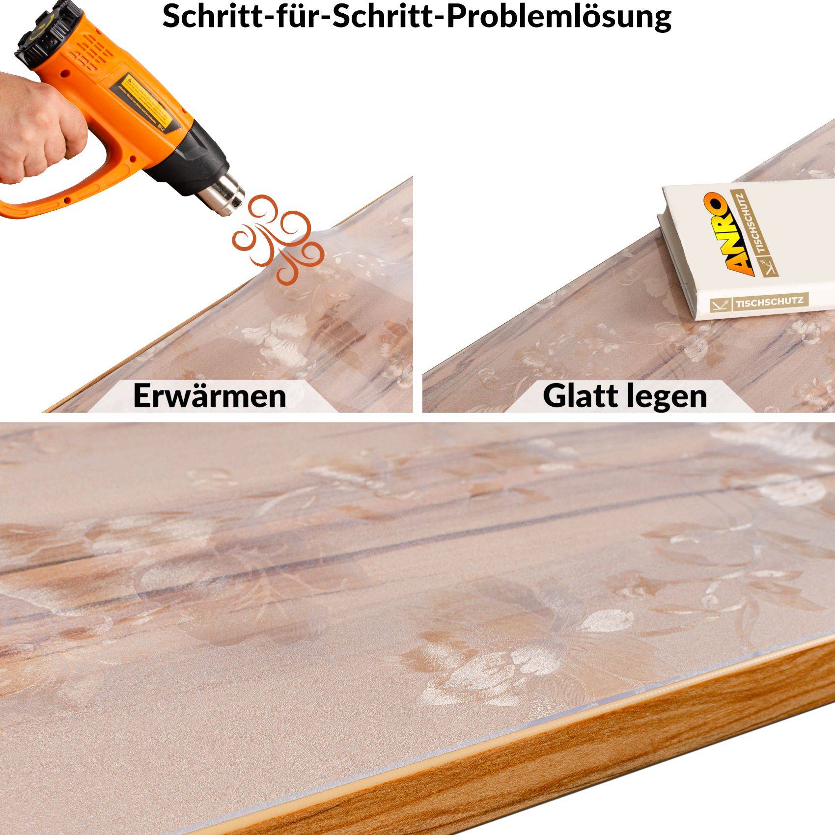 Deutschsprachige Schritt-für-Schritt-Reparaturanleitung für eine zerkratzte Oberfläche: Mit einem Heißluftfön erhitzen, dann mit einem Schleifblock glatt abschleifen, um die Oberfläche zu reparieren.