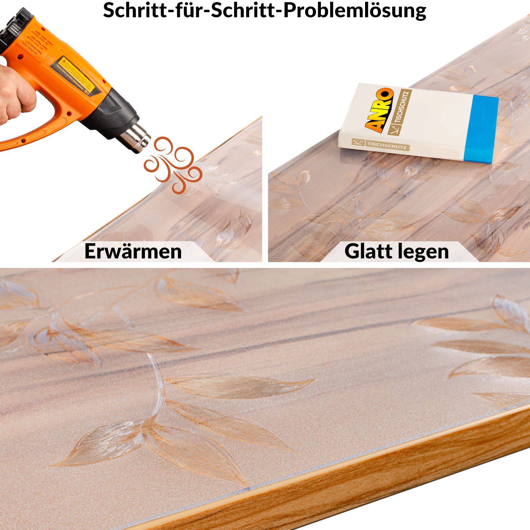 Schrittweise Reparaturanleitung in Bildern: Eine Wärmepistole wärmt eine Oberfläche auf, dann wird sie mit einem Block glatt gemacht, darunter ist das fertig reparierte Panel zu sehen.