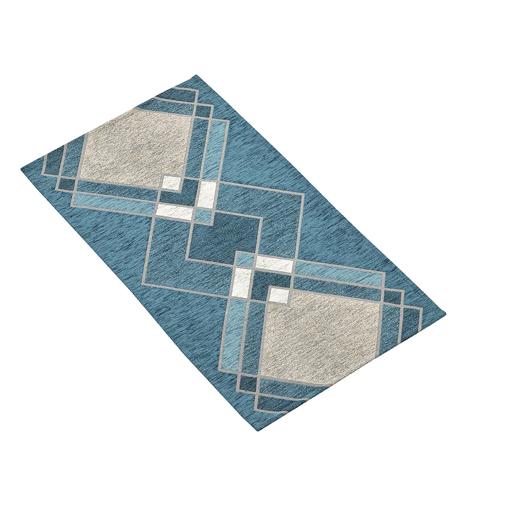 Blauer geometrischer Teppich mit überlappenden cremefarbenen und grauen rechteckigen Linien und zwei großen strukturierten beigen Eckenblöcken.