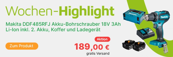 Wochenhighlight Makita DDF485RFJ Akku-Bohrschrauber 18V 3Ah Li-Ion