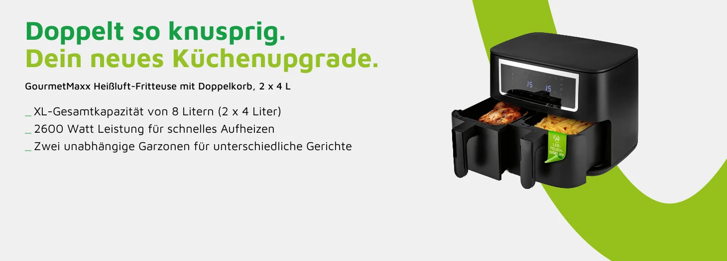 Teaser GourmetMaxx Heißluft-Fritteuse Doppelkorb