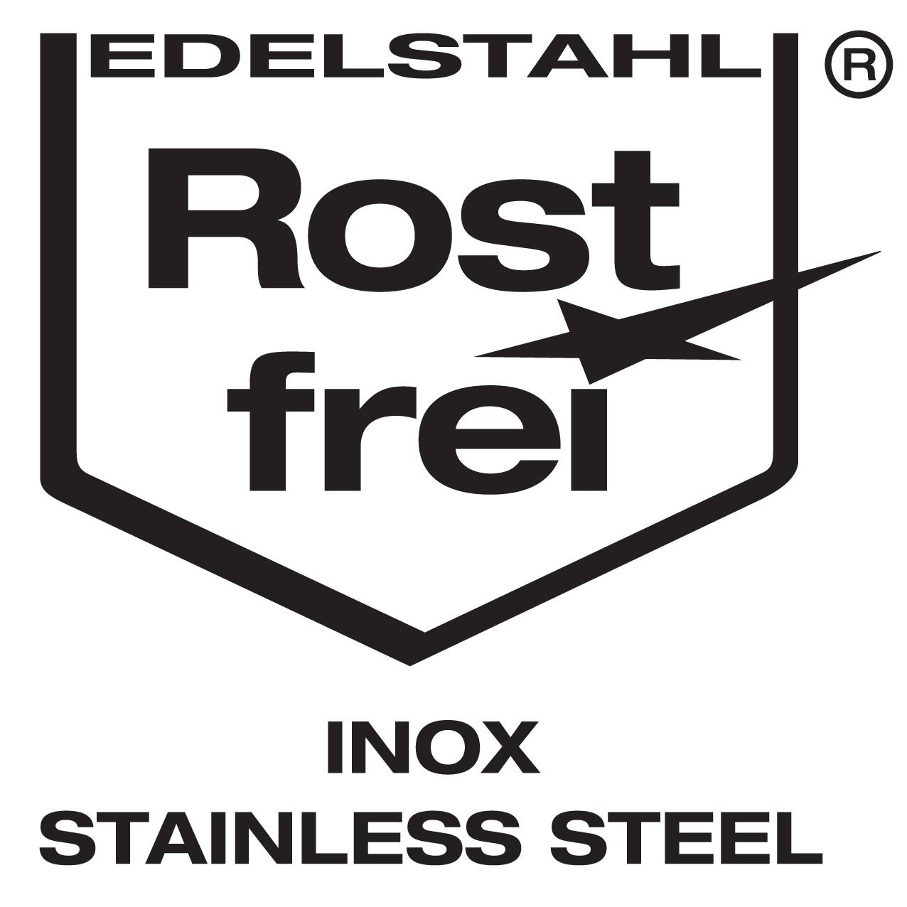 Logo mit dem Schriftzug 'Rostfrei' und einem Stern, der die Worte 'Edelstahl Inox Stainless Steel' enthält, was das Edelstahlmaterial anzeigt.