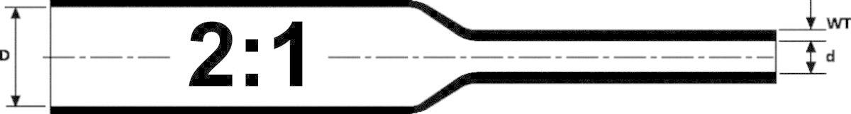 Ein Diagramm zeigt ein Schrumpfverhältnis von 2:1 mit den Abmessungen 'P', 'd' für Durchmesser und 'W' für Wandstärke.