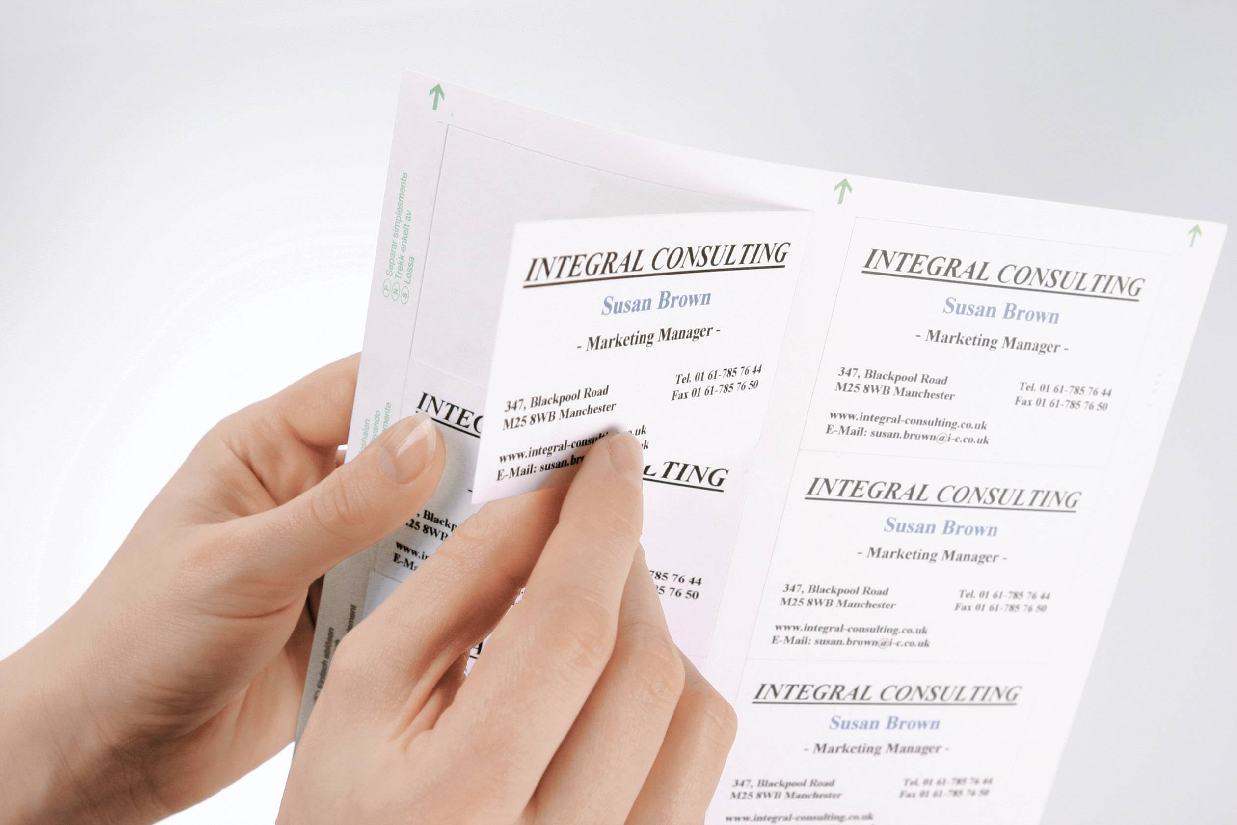 Zwei Hände halten und blättern durch Visitenkarten eines Unternehmens namens 'Integral Consulting'. Hauptkontakt: Susan Brown, Marketing Manager.