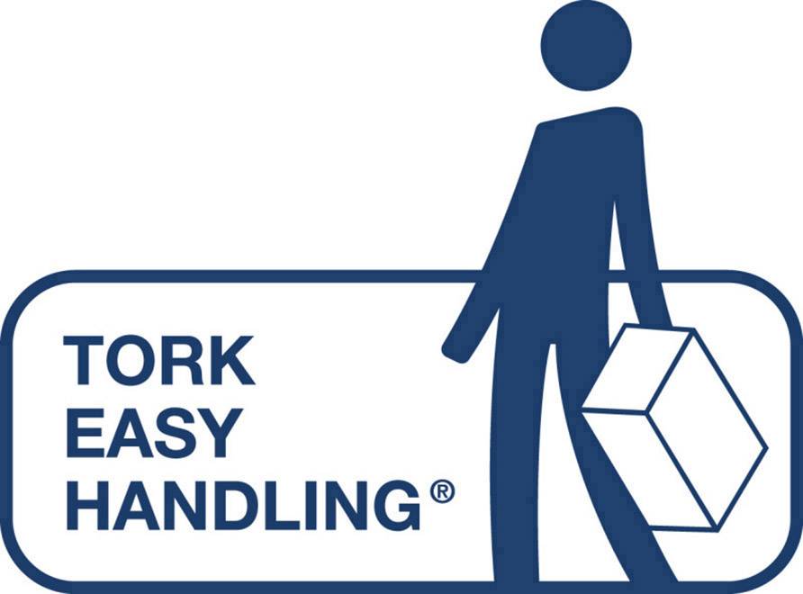 Ein stilisiertes Piktogramm zeigt eine Person, die einen Karton trägt. Daneben steht der Text 'Tork Easy Handling'.