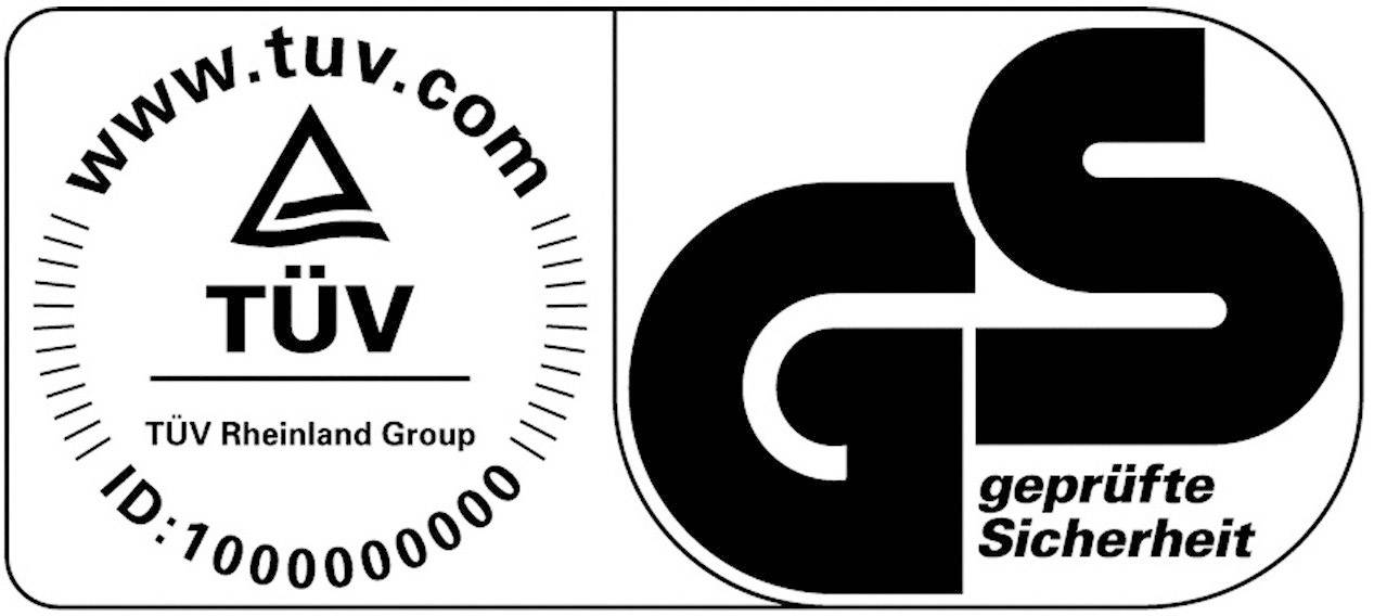 Logo mit TÜV Rheinland- und GS-Zeichen. Links: TÜV-Logo mit Dreieck, Text 'TÜV Rheinland Group', ID: 1000000000. Rechts: GS-Logo mit 'geprüfte Sicherheit'.