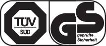 'TÜV SÜD Geprüfte Sicherheit' Logo, zeigt Qualitäts- und Sicherheitszertifikate. Links: Achteck mit 'TÜV SÜD'. Rechts: 'GS' mit 'geprüfte Sicherheit'.