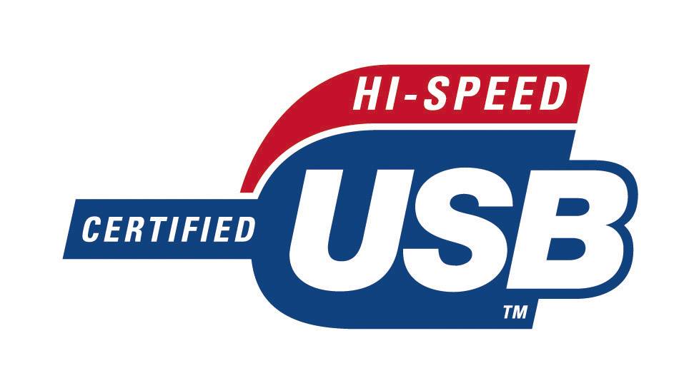 Logo mit Text 'Hi-Speed Certified USB', roter und blauer Hintergrund. Symbolisiert hohe Datenübertragungsgeschwindigkeit.