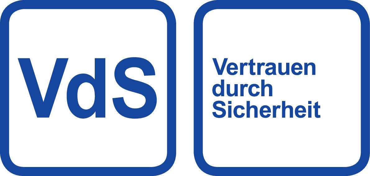 Schwarzes Logo mit goldener Umrandung: Links 'VdS', rechts 'Vertrauen durch Sicherheit' in goldener Schrift.