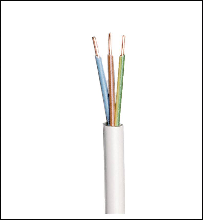 Ein offenes Kabel mit vier freiliegenden Kupferdrähten in blauer, brauner, grüner und orangener Isolierung vor weißem Hintergrund.