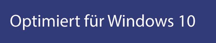 Textbild mit der Aufschrift 'Optimiert für Windows 10' auf blauem Hintergrund.