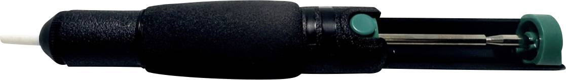 A black electric screwdriver with a teal trigger and attachment end, shown horizontally on a white background.