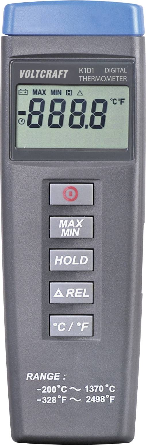 A digital thermometer with a display reading '888.8°F', buttons for 'MAX/MIN', 'HOLD', '∆REL', and '°C/°F'. Range: -328°F to 2498°F.