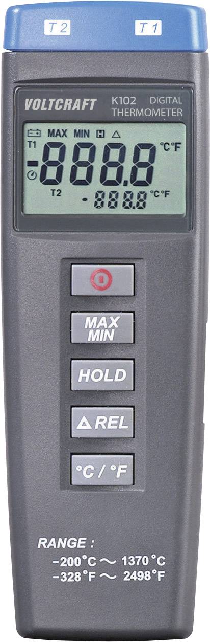 Digital thermometer device with display showing '888.8'. Buttons for max/min, hold, relative, and Celsius/Fahrenheit. Range: -200°C to 1370°C.