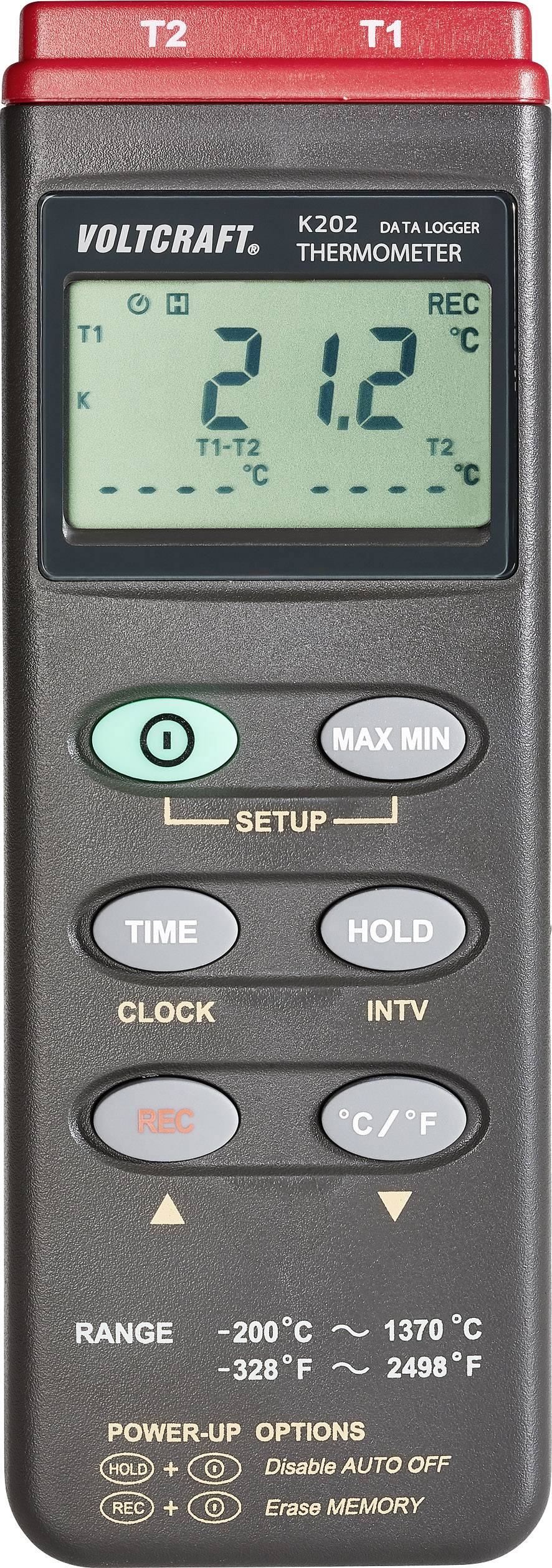 Digital thermometer with display showing 21.2°C. Control buttons for settings: Setup, Max Min, Time, Hold. Range: -200°C to 1370°C.
