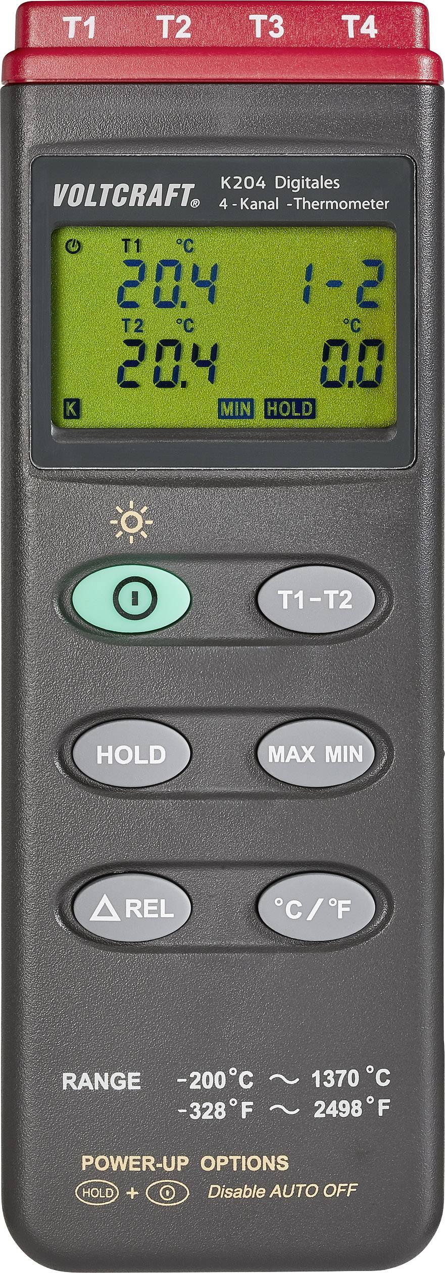 Digital 4-Channel Thermometer with Display. Shows temperatures in Celsius from four channels and offers various functions for storing and displaying data.
