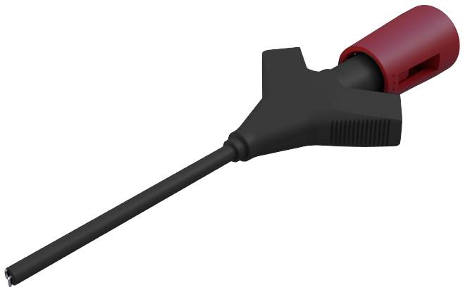 A black cable with a red plastic insulation shows an electronic or electrical connecting device.