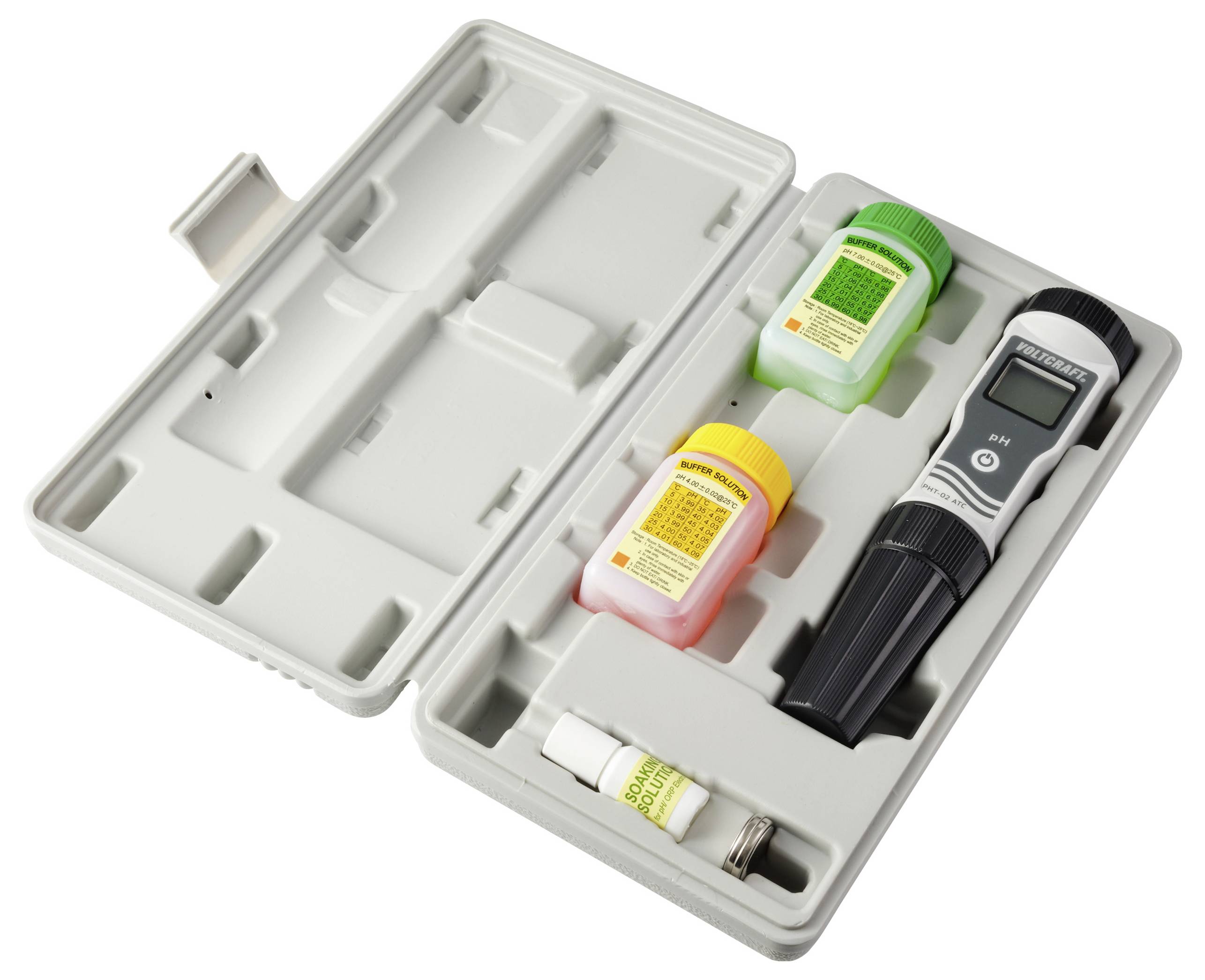 A water testing kit with a digital meter and two solution bottles, one green and one yellow, in a protective plastic case.