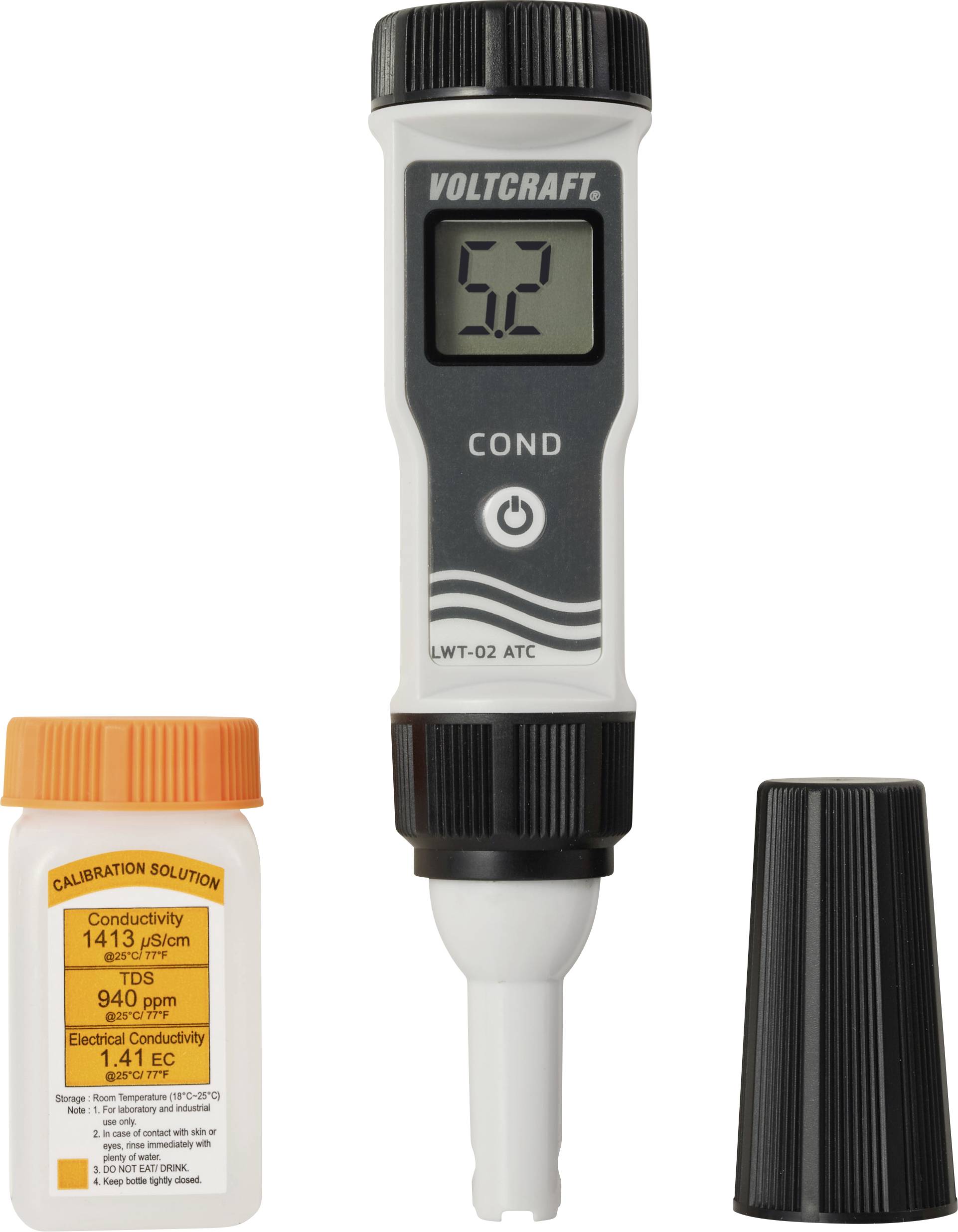 A digital conductivity meter displays '5.2' on its screen. It is accompanied by a calibration solution bottle and a protective cap.