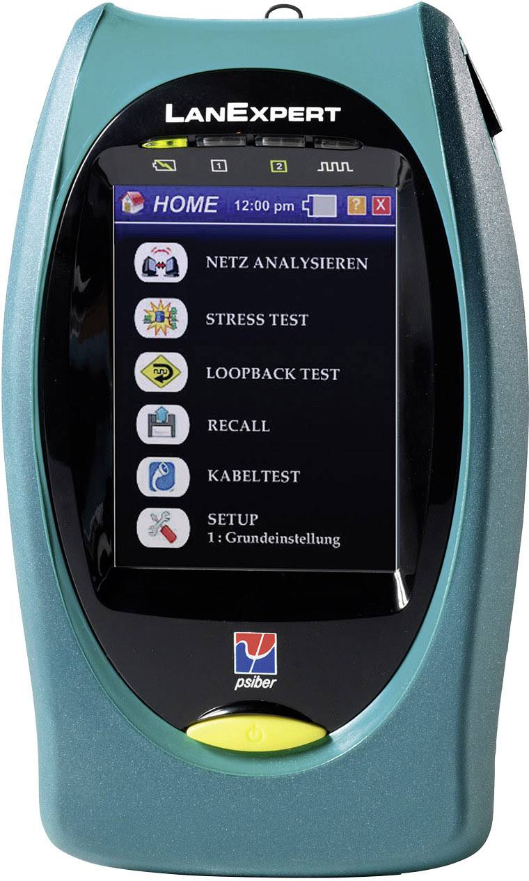 A portable network diagnostic device displaying various test options on the screen, including 'Analyse Network' and 'Cable Test'.