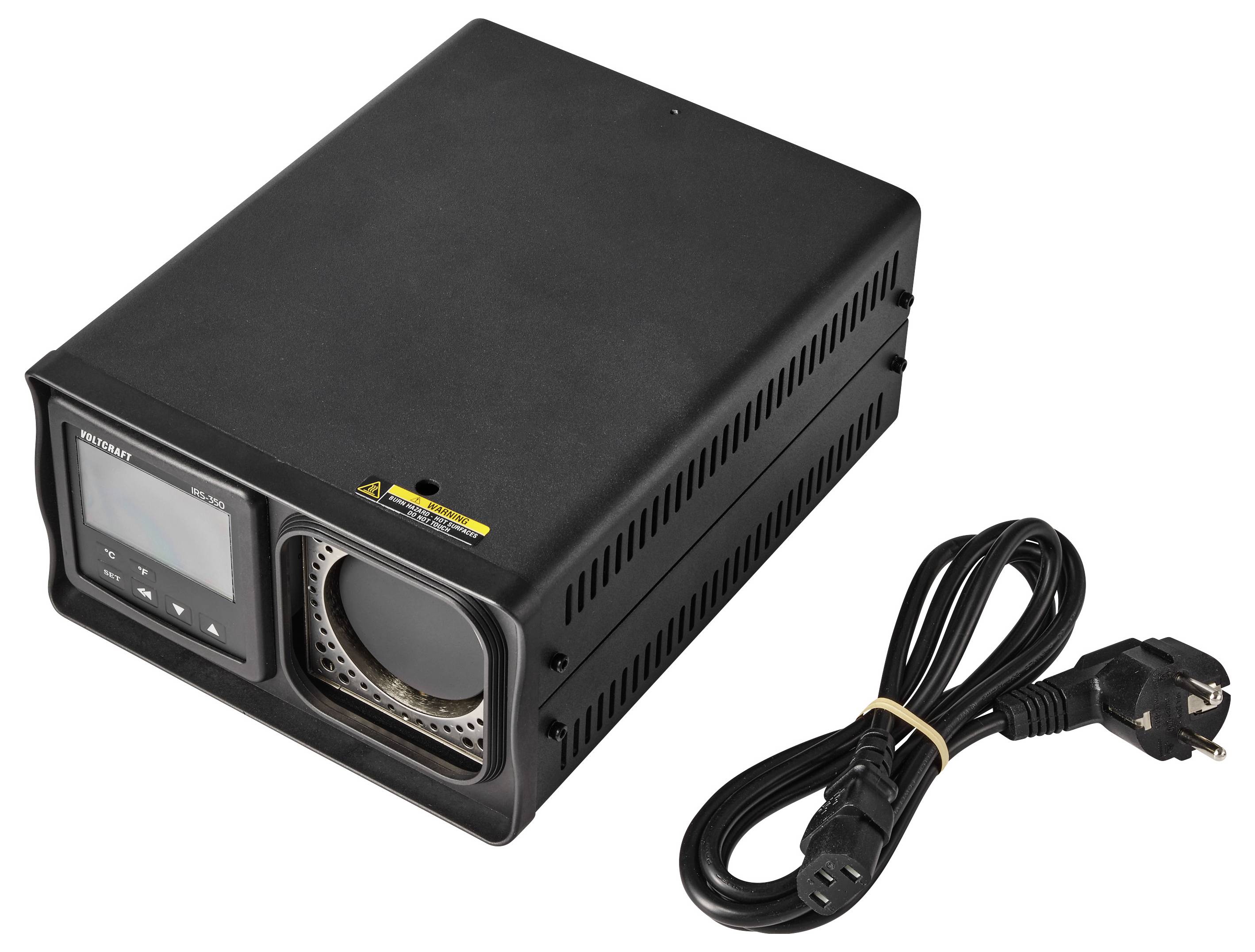Black battery backup power supply unit with LCD display and attached power cord.