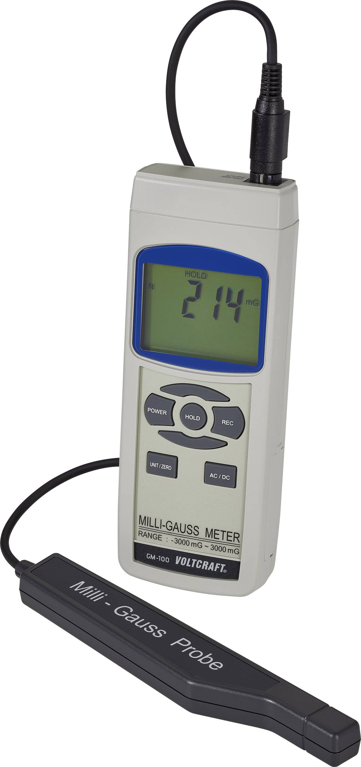 A milligauss metre displays a value of '214 mG' on its display. The cable leads to the measuring probe, which is used to capture the data.