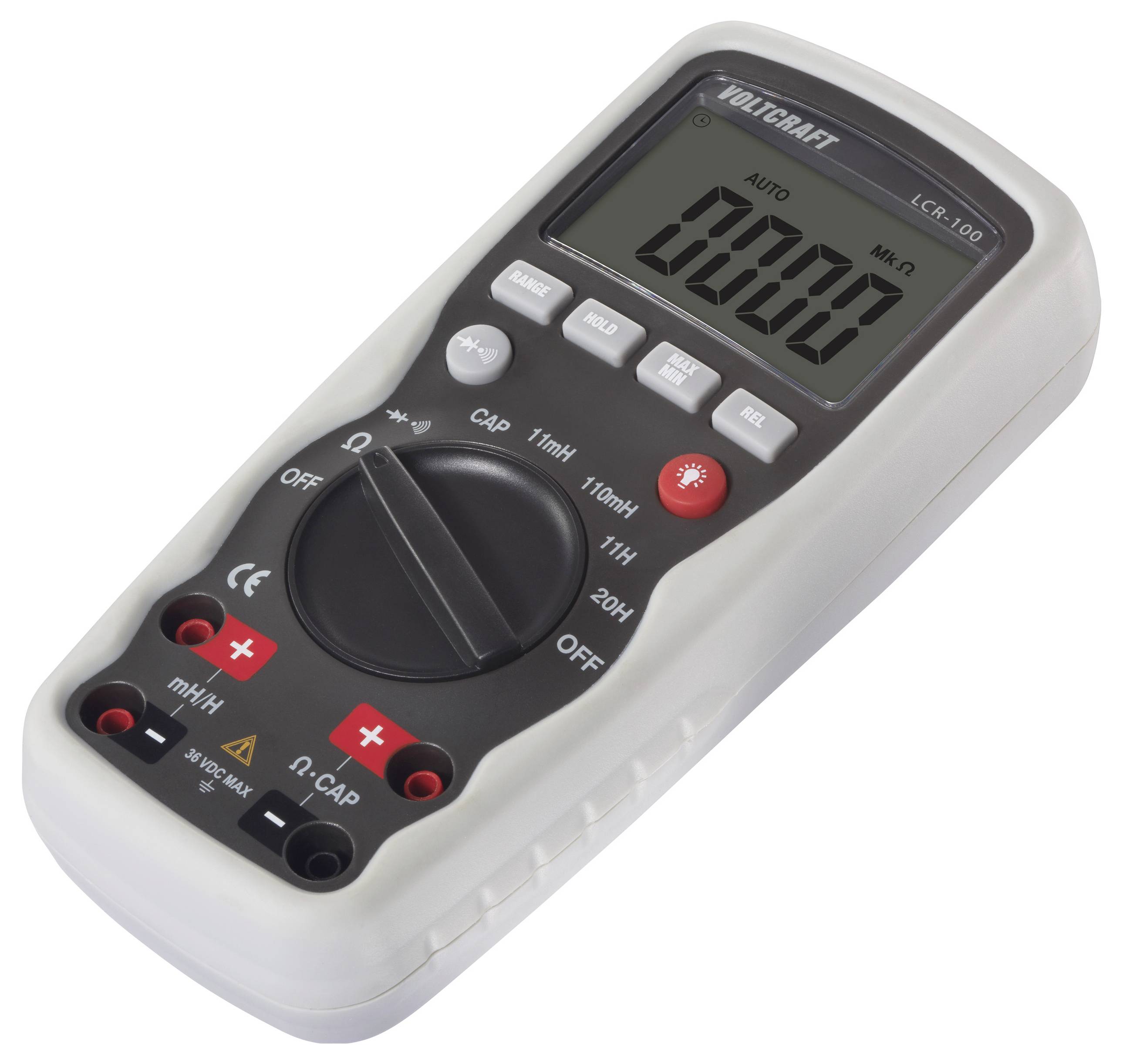 A digital multimeter with an LCD display, black and red test sockets, and several operating buttons.