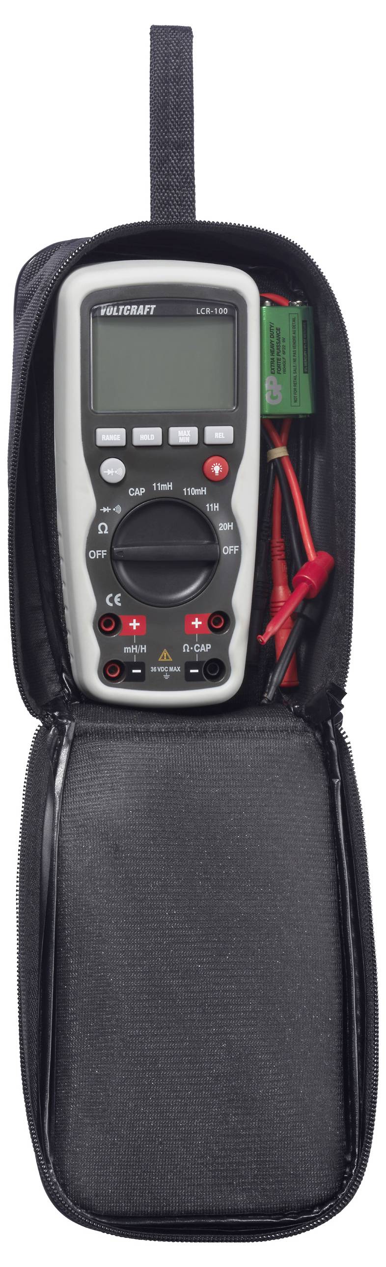 A digital multimeter in an open black carry case with test leads.