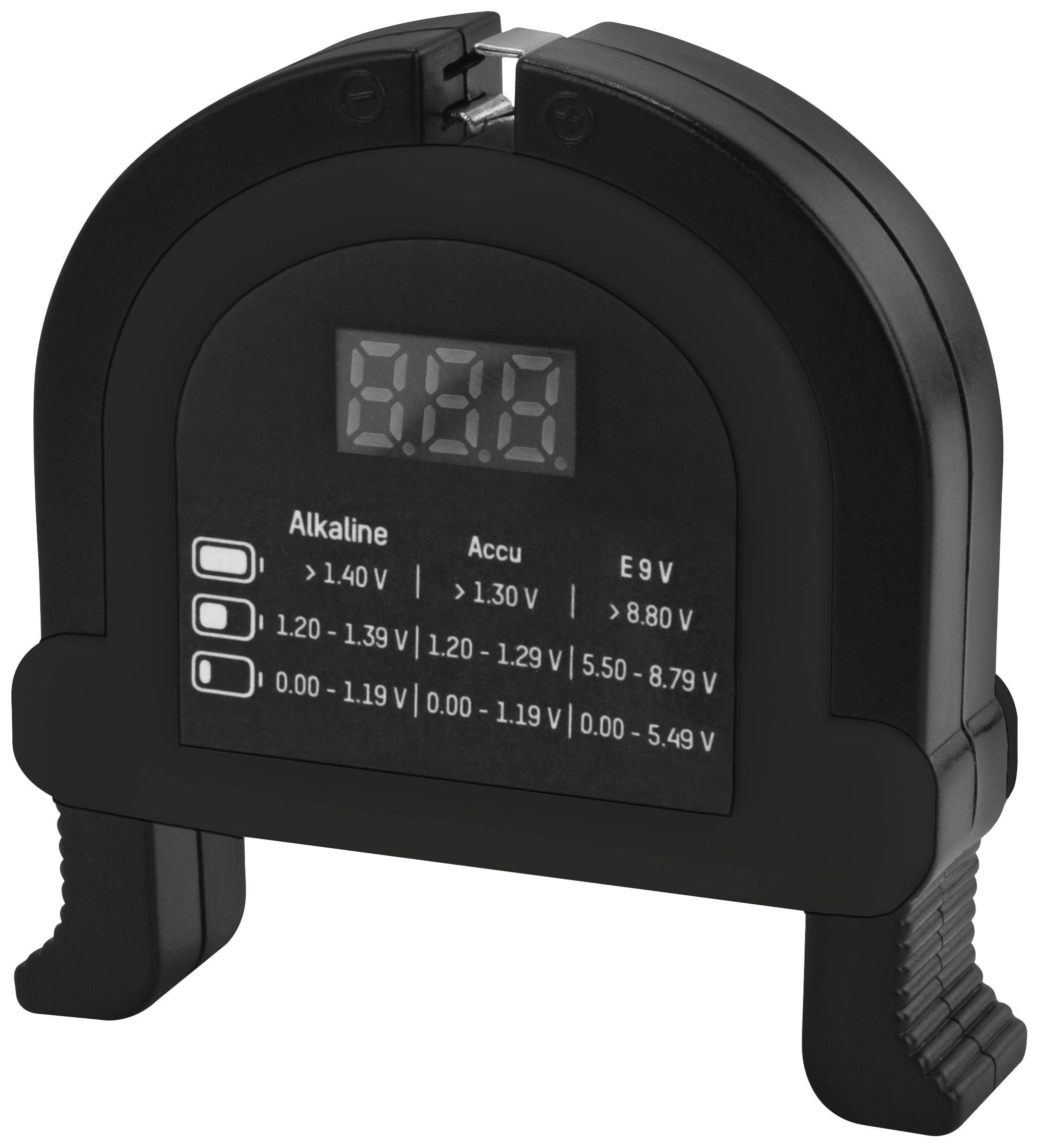 Digital Battery Tester: Displays charge level for alkaline, rechargeable, and 9V batteries with corresponding voltage ranges.