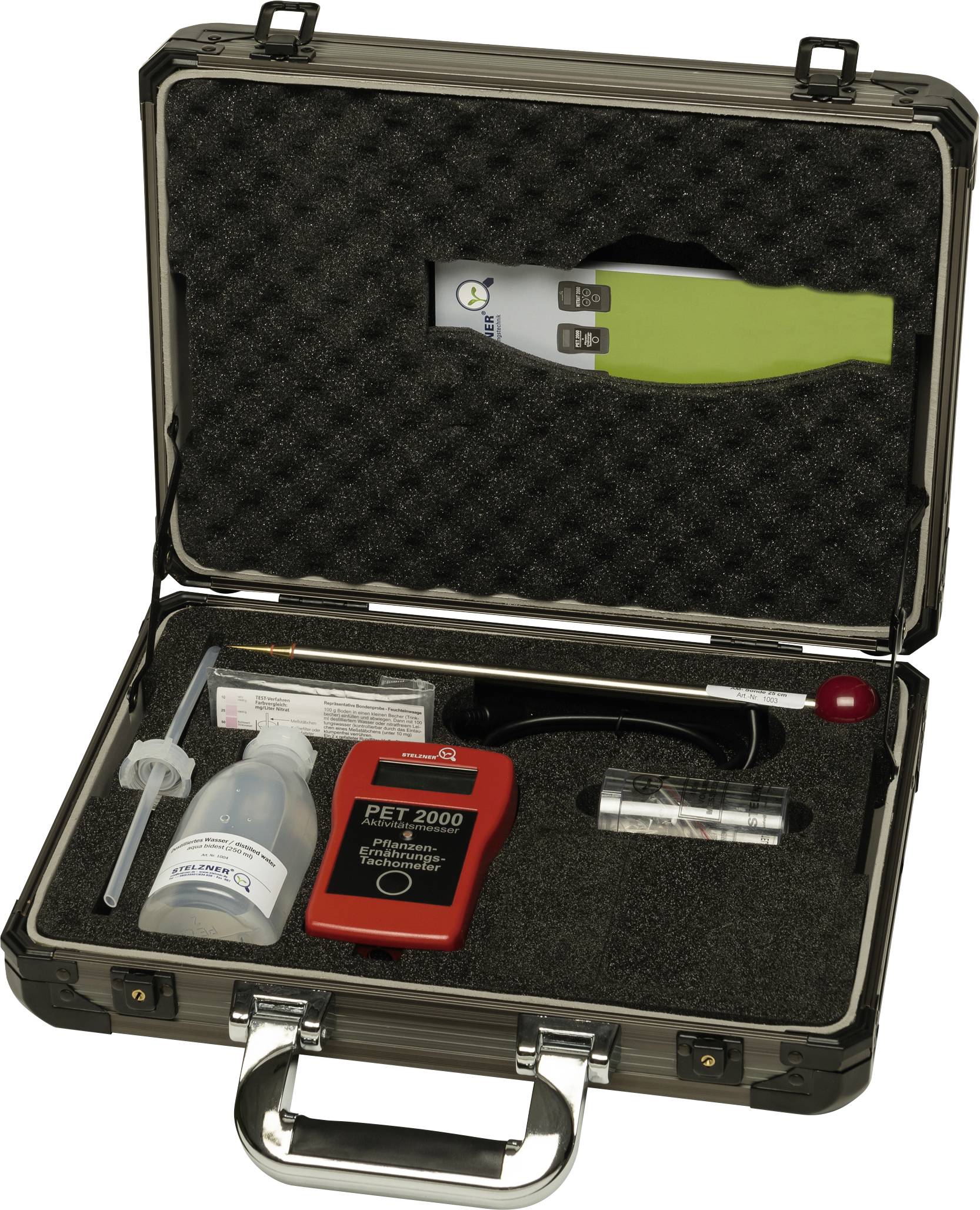 Open case with a green handheld tester and measurement supplies, including bottles, probes, and a red PET 2000 instrument.