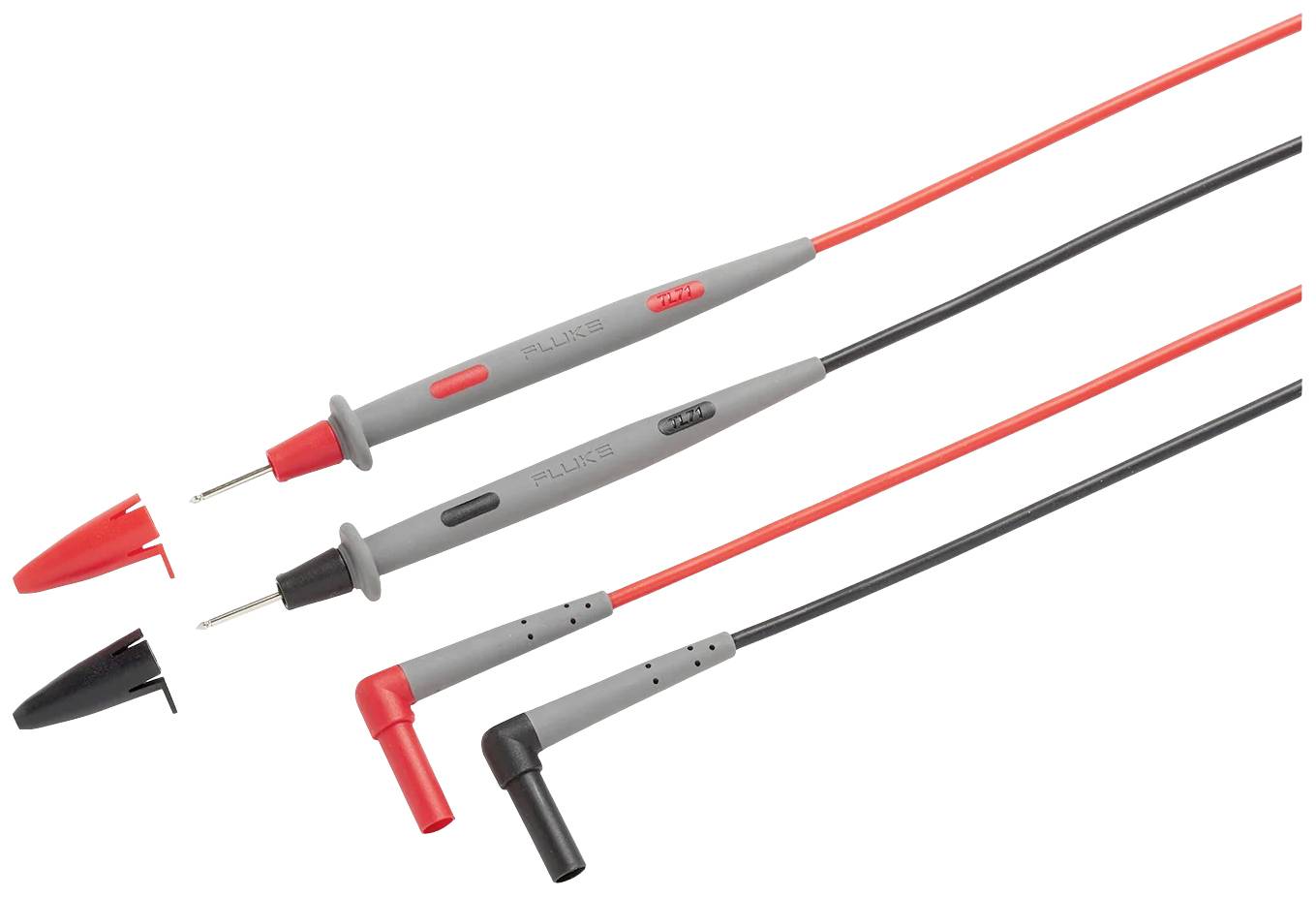Two measurement leads with red and black cables and connectors, suitable for connecting to a multimeter.