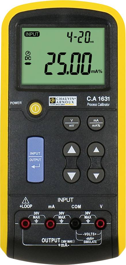 A yellow process calibration device displays the value '25.00 mA' on a display. Buttons and input/output connections are visible.