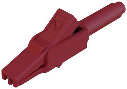 Red plastic crocodile clip with insulated handle, suitable for securely connecting electrical test leads.