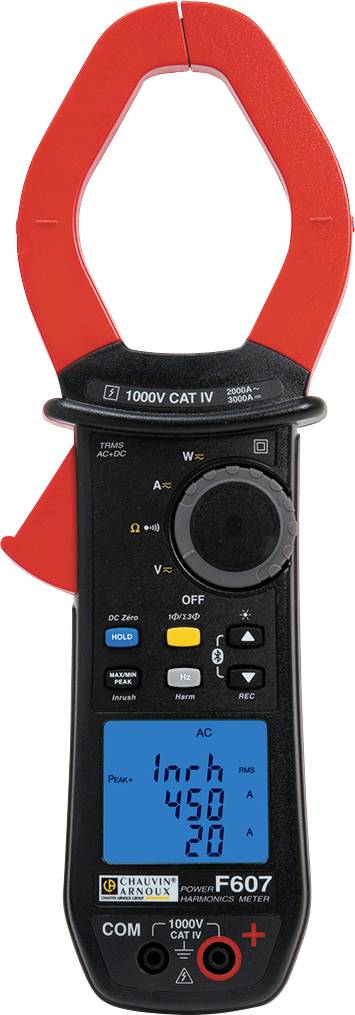 Digital electrical multimeter with red clamp and blue display, showing measured values for input parameters.