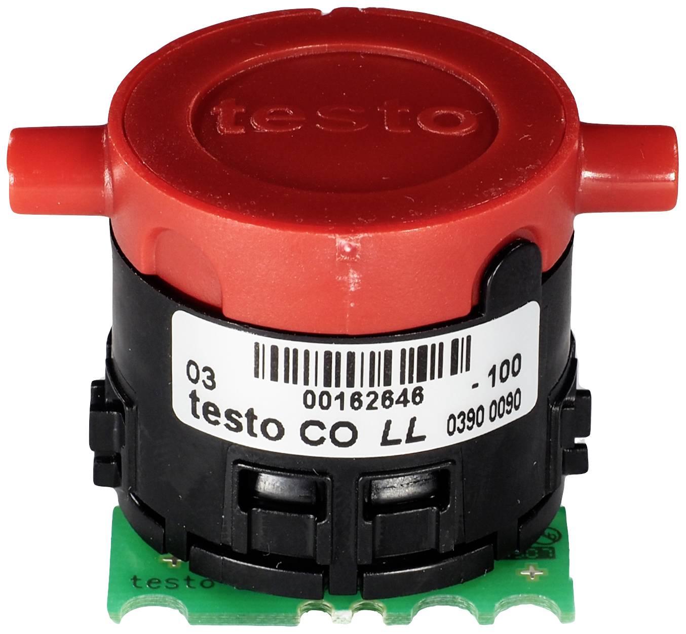 Red and black testo CO sensor, marked with 'testo CO LL', with electronic plate underneath.