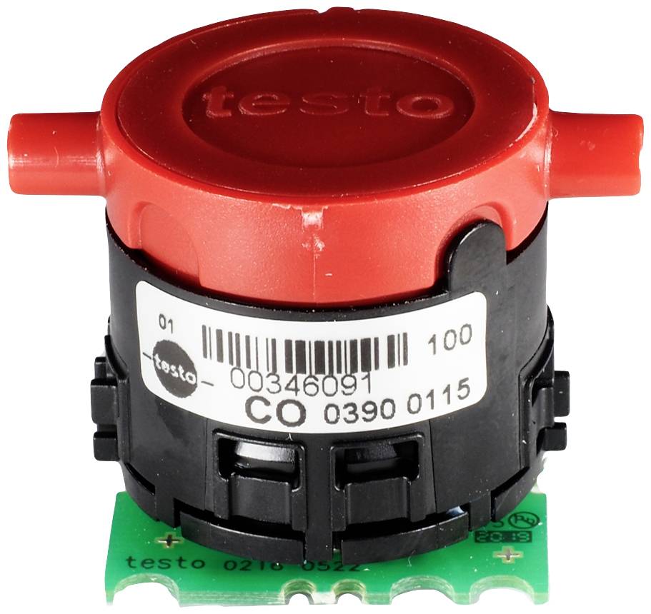 'Testo' CO sensor with red lid, black casing and green chip. Model number: CO 0390 0115, Testo logo visible.