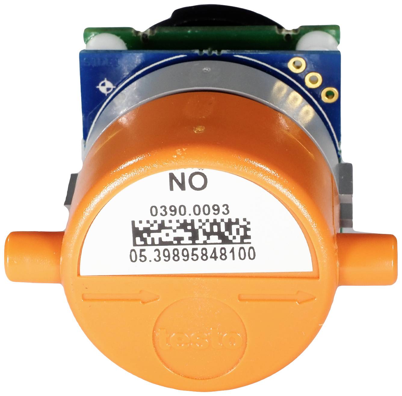 Electronic sensor with an orange-coloured casing and barcode, used for monitoring nitrogen monoxide.