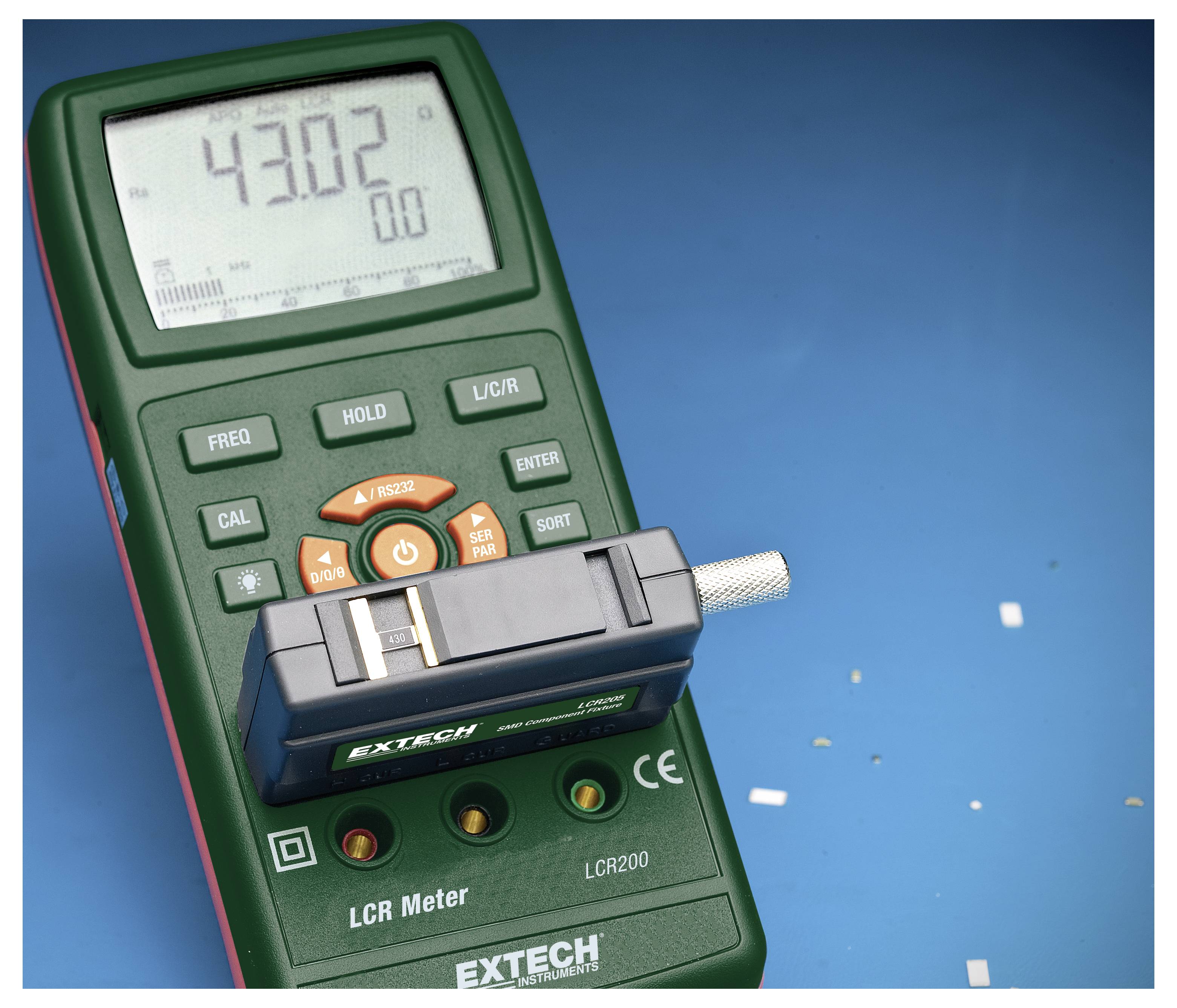 Extech LCR200 LCR Meter with probe displays 4302 on screen, set against a blue background.
