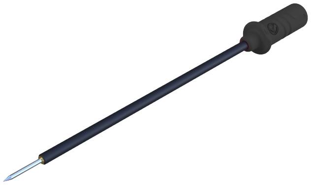 A black screwdriver with a long shaft and a blue-gleaming tip lies diagonally.