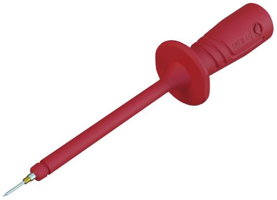 A red testing device with an insulated handle and a sharp metal tip, used for electrical measurement.