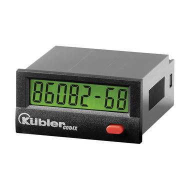 Front view of a Kübler digital counter display showing green digits '86082-68' on a black panel.