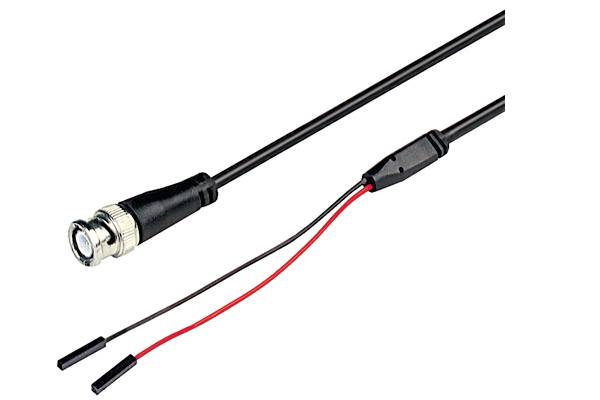 Close-up of a BNC cable with two attached wires, one red and one black, for power supply or signal transmission.