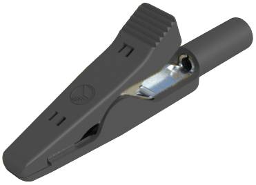 A grey crocodile clip made of metal and plastic, typically used for electrical connections.