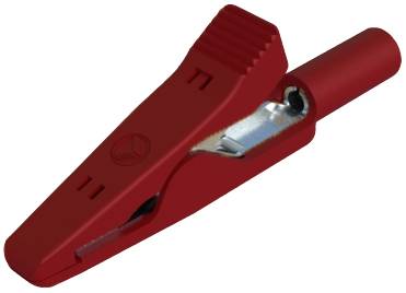 Red metal and plastic crocodile clip, commonly used for electrical connections.